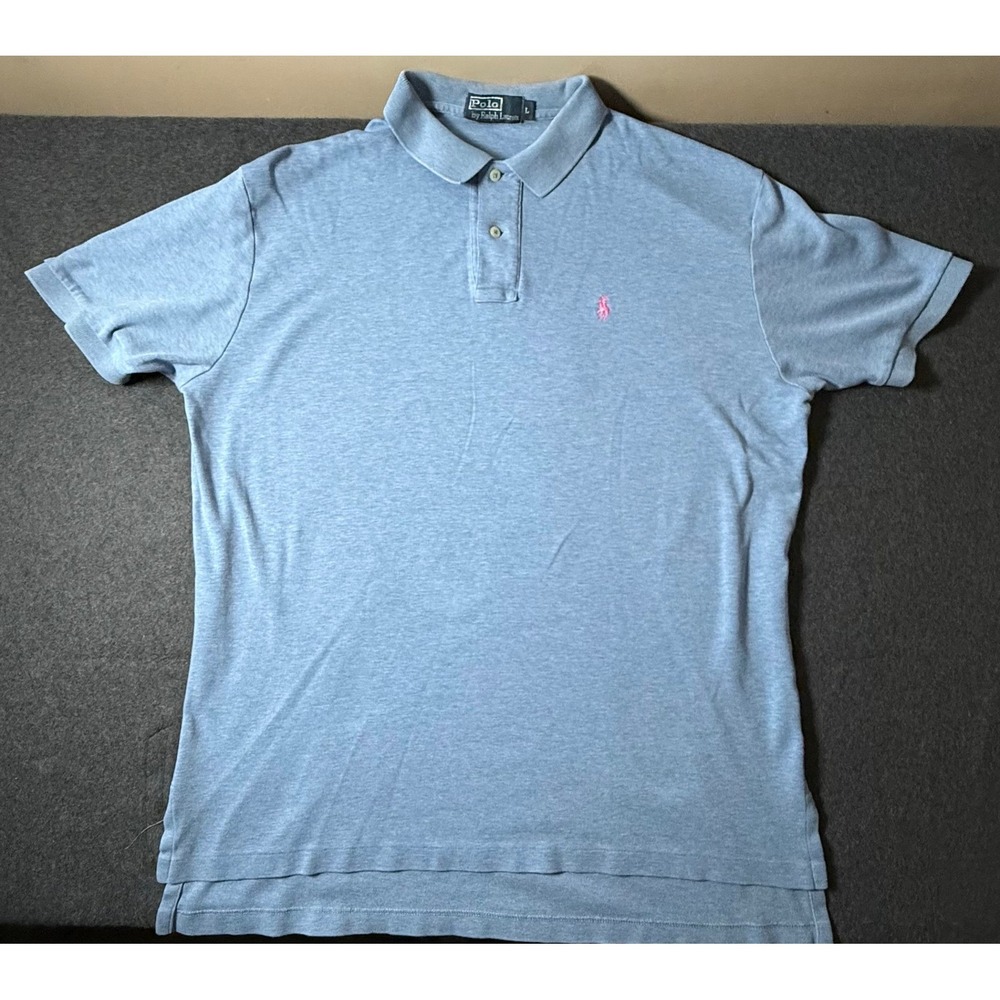 Polo Ralph Lauren Mens Large Blue Heather Short Sleeve Pink Pony Polo Shirt